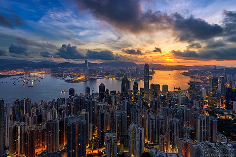 град, залез, градски пейзаж, небе, слънчева светлина, облаци, Хонг Конг, HD тапет HD wallpaper
