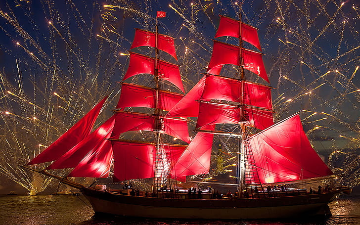 Schiff Mit Roten Segeln Feuerwerk Feier In St. Petersburg Russland Hd Wallpaper Für Pc Tablet Und Mobile 1920 × 1200, HD-Hintergrundbild