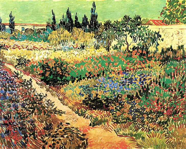 fleurs, Vincent van Gogh, jardin fleuri, avec chemin, Fond d'écran HD