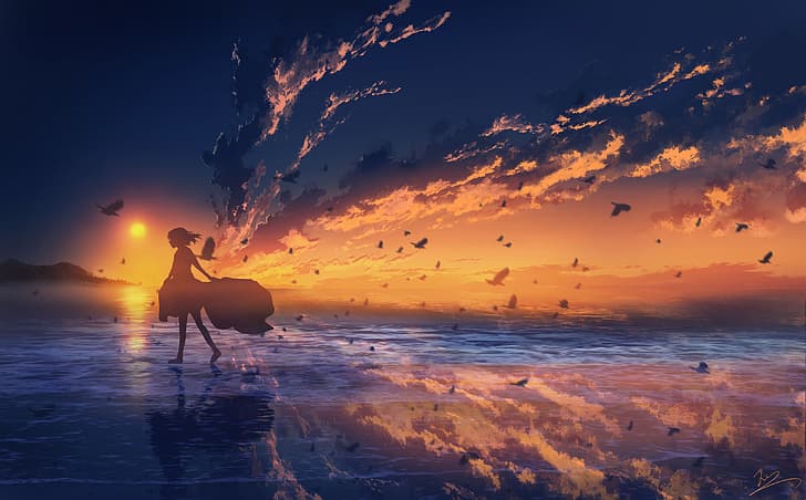 アニメの女の子、アートワーク、アニメの空、空、夕日、海、反射、カモメ、 HDデスクトップの壁紙