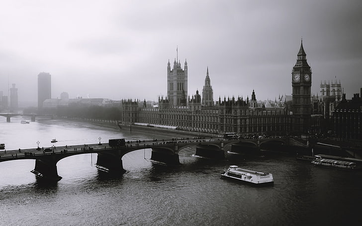 Биг Бен, Лондон, Лондон, мъгла, река, мост, Биг Бен, черно бяло, HD тапет