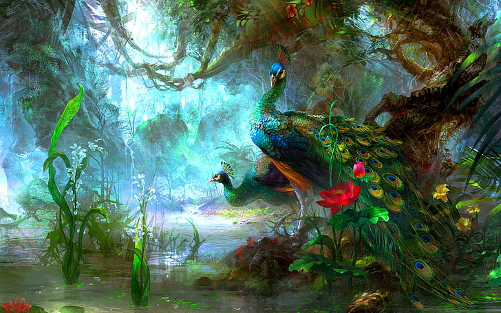 два зелено-желто-синих павлина на болоте, картина, павлины, фэнтези, птицы, лозы, лес, HD обои