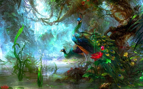 два зелено-желто-синих павлина на болоте, картина, павлины, фэнтези, птицы, лозы, лес, HD обои HD wallpaper