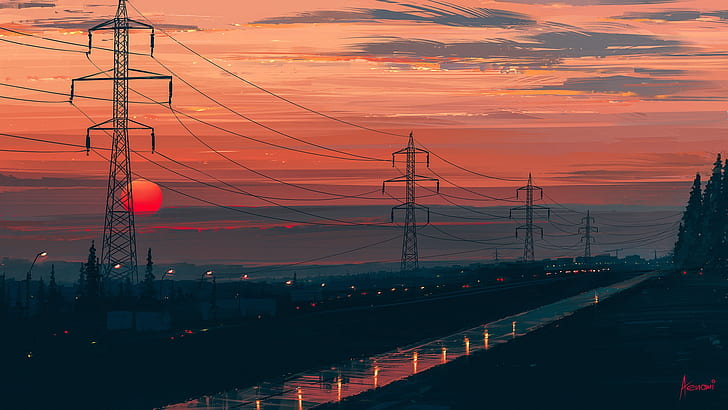 road, the sun, landscape, sunset, Aenami, Any Minute Now, the power lines, Alena Aenam The, Alyona Velichko, HD wallpaper