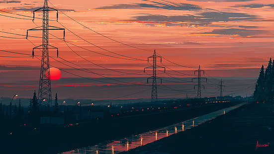 road, the sun, landscape, sunset, Aenami, Any Minute Now, the power lines, Alena Aenam The, Alyona Velichko, HD wallpaper HD wallpaper