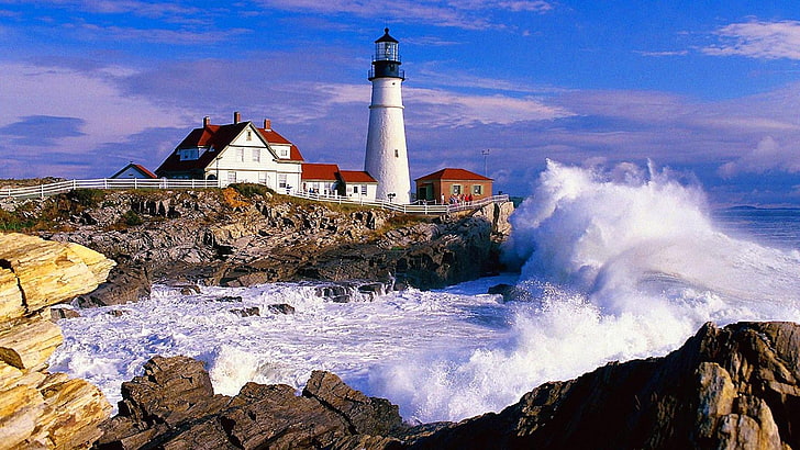 灯台、岬、空、海、塔、海岸、岬、ポートランドヘッドライト、波、メイン、海、観光、ポートランド、風の波、アメリカ合衆国、 HDデスクトップの壁紙