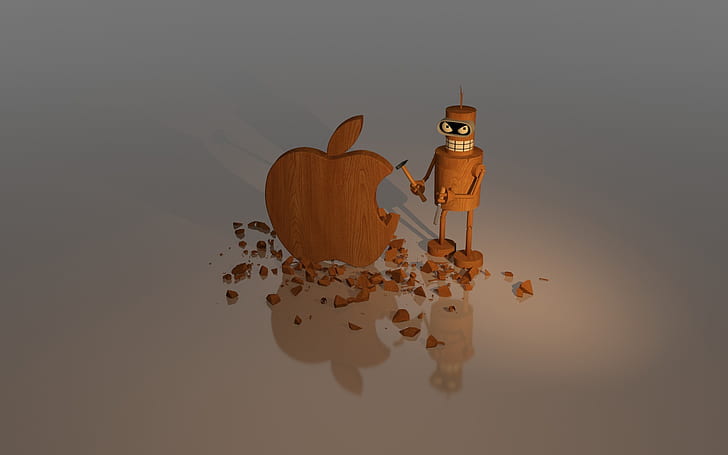 Wood Apple Sculpture, brunt trä äpple logotyp figur, bakgrund, trä, apple logo, logo apple, HD tapet