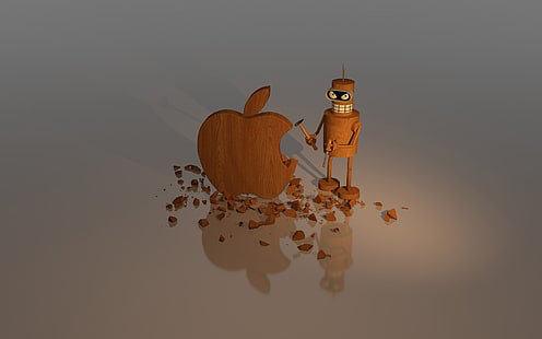 Вуд Яблочная Скульптура, коричневое деревянное яблоко логотип фигура, фон, дерево, логотип яблоко, логотип яблоко, HD обои HD wallpaper