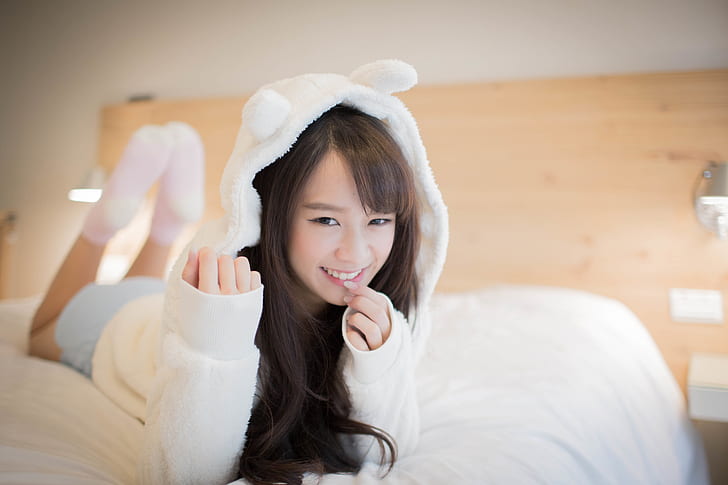 Asian, women, bunny ears, bed, lying on front, HD wallpaper
