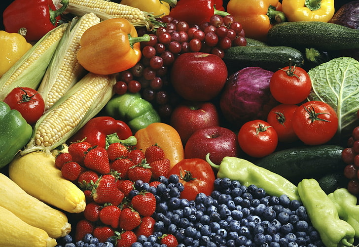 野菜果物食品トウモロコシブドウトマトリンゴピーマンテクノロジーアップルHDアート、食品、果物、ブドウ、トウモロコシ、野菜、トマト、 HDデスクトップの壁紙