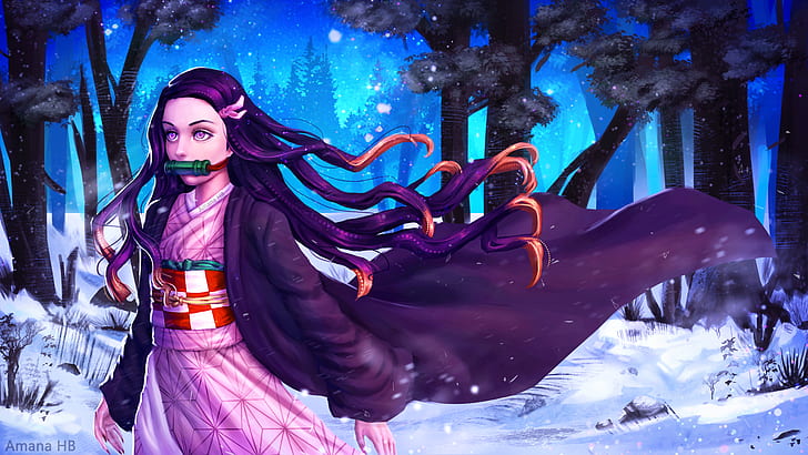 أنيمي ، قاتل الشياطين: Kimetsu no Yaiba ، Forest ، Girl ، Kimono ، Nezuko Kamado ، Snow، خلفية HD