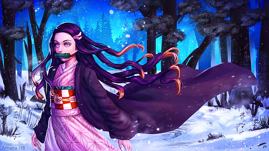 Anime, Demon Slayer: Kimetsu no Yaiba, Forest, Girl, Kimono, Nezuko Kamado, Snow, Wallpaper HD HD wallpaper