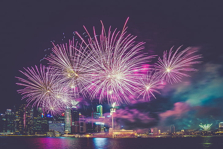 purple fireworks, singapore, salute, skyscrapers, metropolis, HD wallpaper
