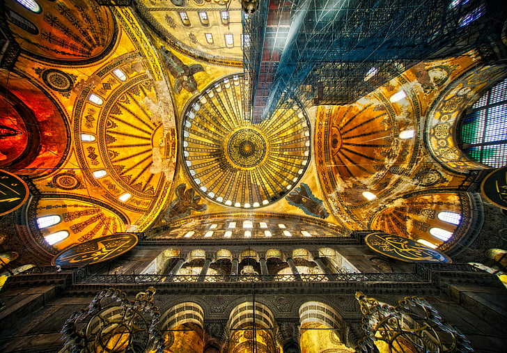 Mosques, Hagia Sophia, Ceiling, Columns, Dome, Istanbul, Turkey, HD wallpaper