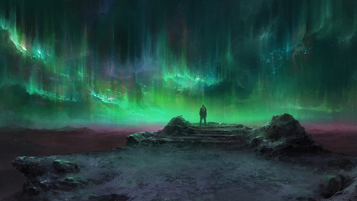 человек, стоящий под облаками Аврора цифровые обои, полярные сияния, зеленый, пейзаж, фэнтези-арт, HD обои