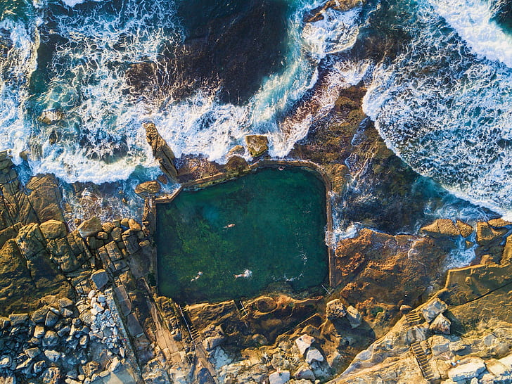 nature, landscape, Australia, waves, swimming, rocks, south australia, aerial view, HD wallpaper
