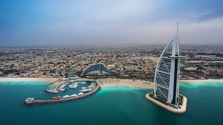 Meer, Strand, Küste, Gebäude, Bucht, Panorama, Dubai, Vereinigte Arabische Emirate, Burj Al Arab, Persischer Golf, Hotels, Jumeirah Beach Hotel, Borg El Arab, Persischer Golf, HD-Hintergrundbild