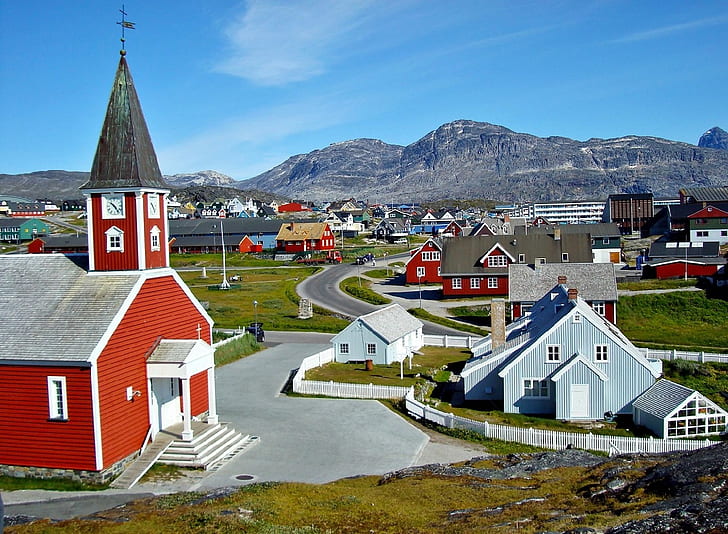 Nuuk, Greenland, church, town, house, mountains, HD wallpaper