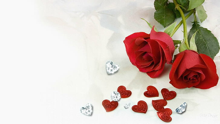 Red Roses Diamonds, romance, love, valentines day, diamonds, flower, hearts, rose, 3d and abstract, HD wallpaper