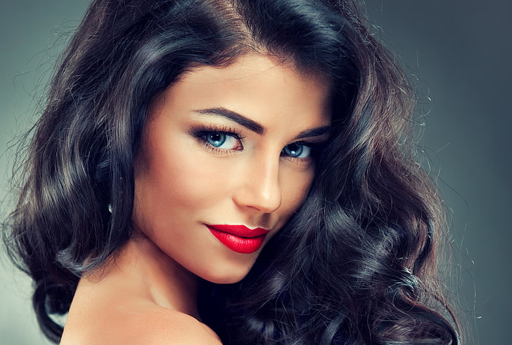 women's red lipstick, look, girl, face, eyelashes, background, hair, lipstick, lips, beautiful, curls, HD wallpaper