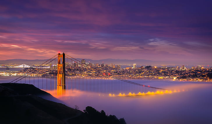 Most Golden Gate, Dreamy, SF, Sunrise, Golden Gate Bridge, Bay Area California, California San Francisco, Marin County, mgła, niska, długa ekspozycja, niebo, panorama, chmury, światła, poranek, słynne miejsce, noc, most - Mężczyzna Wykonana konstrukcja, pejzaż miejski, architektura, zachód słońca, most wiszący, morze, zmierzch, miejska panorama, scena miejska, Tapety HD