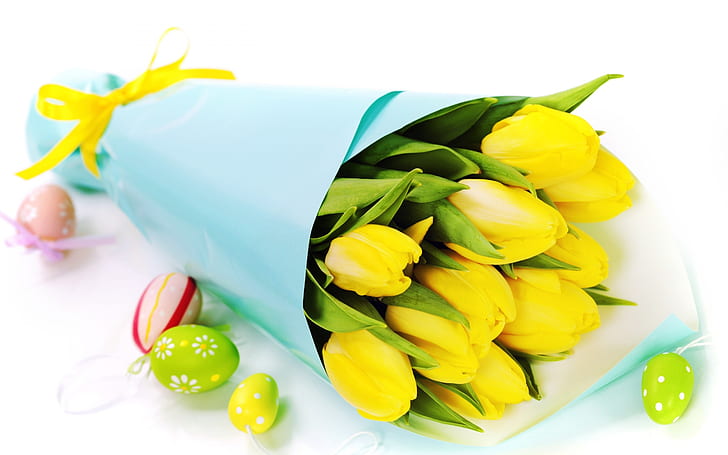 Tulipas da Páscoa e Egs, buquê de tulipa amarela, ovos de páscoa, flores da páscoa, cartaz da páscoa, fotos da páscoa, HD papel de parede