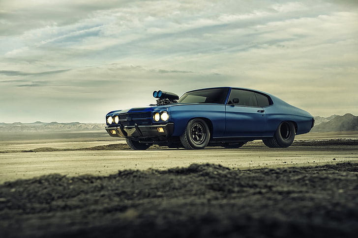 blue Chevy Nova SS, Chevrolet, Muscle, Car, Blue, Front, 1970, Chevelle, Supercharger, Dragster, HD wallpaper
