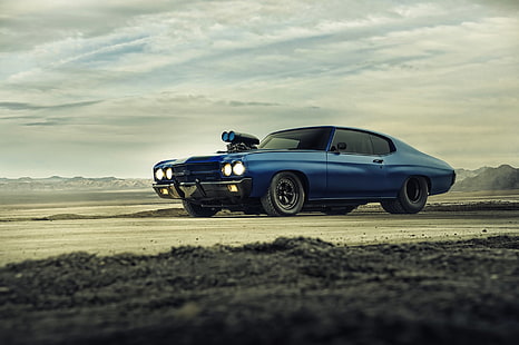 blu Chevy Nova SS, Chevrolet, Muscle, Car, Blue, Front, 1970, Chevelle, Supercharger, Dragster, Sfondo HD HD wallpaper