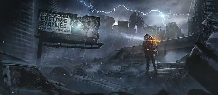 artwork, digital art, science fiction, apocalyptic, disaster, destruction, building, car, lightning, skull, environment, Pavel Bondarenko, HD wallpaper HD wallpaper