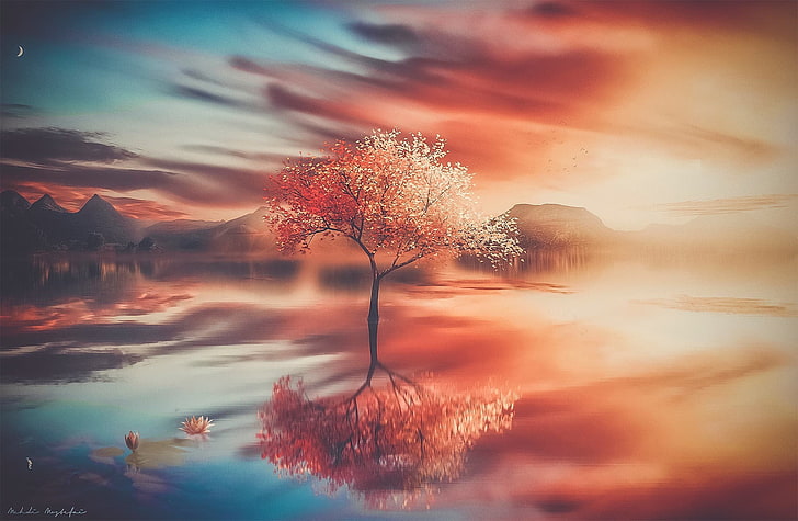 red-leafed tree in between body of water wallpaper, digital art, 500px, Mehdi Mostefaï, nature, trees, water, reflection, fantasy art, sky, HD wallpaper