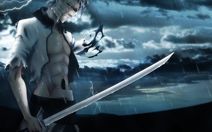 mężczyzna trzymający srebrny miecz, Bleach, Grimmjow Jaegerjaquez, Espada, miecz, abs, deszcz, Tapety HD