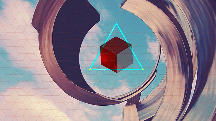 червено и сиво куб илюстрация, абстракт, куб, триъгълник, дигитално изкуство, HD тапет