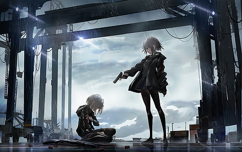 anime, anime girls, pioggia, pistola, arma, Sfondo HD HD wallpaper