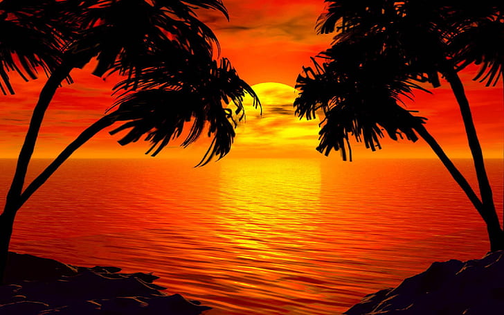 파라다이스 일몰 열대 섬 팜 바다 붉은 하늘 Hd 배경 화면 2560 × 1600, HD 배경 화면