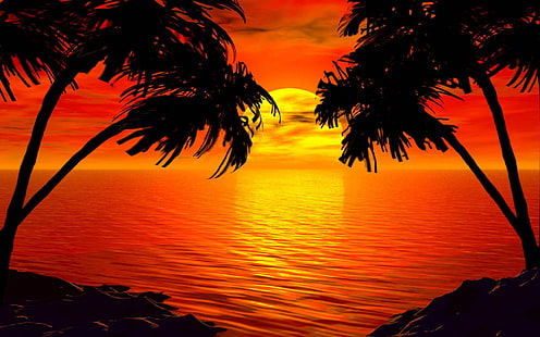 غروب الشمس الجنة الاستوائية جزيرة النخيل البحر الأحمر السماء خلفية عالية الدقة 2560 × 1600، خلفية HD HD wallpaper