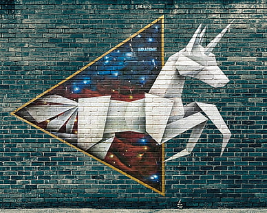 white unicorn graffiti, graffiti, origami, street art, brick wall, HD wallpaper HD wallpaper
