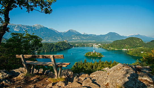 Lago Bled, Montanhas, Árvore, Banco, Bled, Eslovênia Wallpaper Hd, HD papel de parede HD wallpaper
