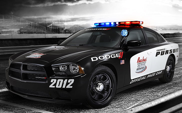 черен Dodge Charger полицейска кола, Dodge, Charger, отпред, трибуна, зарядно, Muscle car, Pursuit, Pace Car, HD тапет