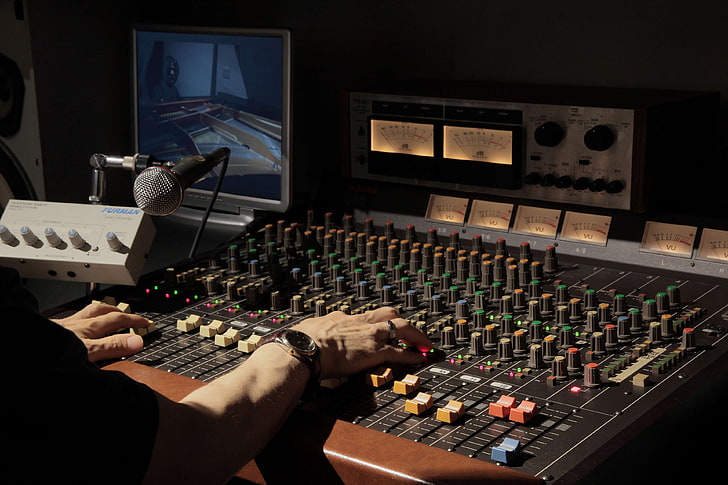 hands, man, microphone, mixing console, monitor, music, person, sound control, sound mixer, sound recording, HD wallpaper