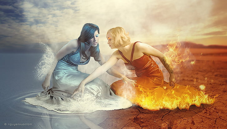 Fantasy, Women, Fire, Ice, HD wallpaper