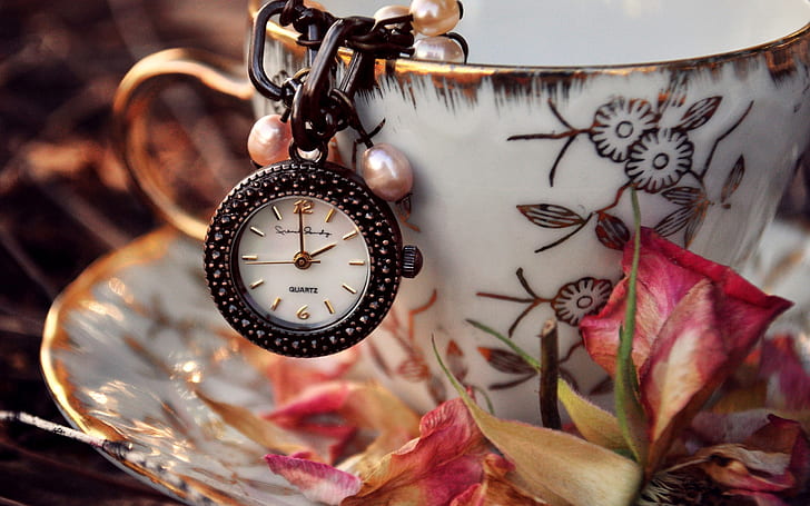 Watch, pendant, cup, saucer, dry flower petals, Watch, Pendant, Cup, Saucer, Dry, Flower, Petals, HD wallpaper