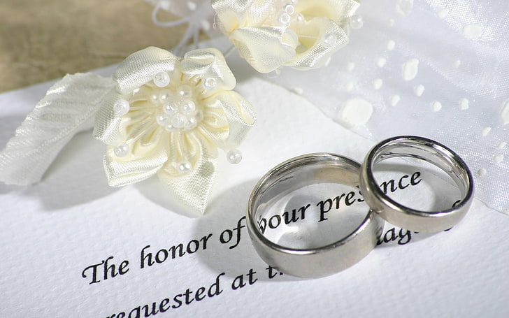 silver-colored couple ring, rings, wedding bands, wedding, invitation, HD wallpaper