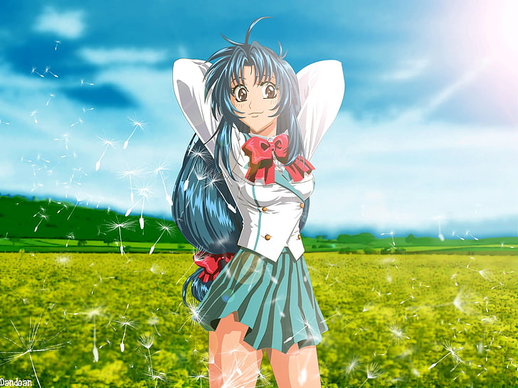 зеленоволосая девушка аниме персонаж, полная металлическая паника, чидори канаме, девушка, радость, солнце, пейзаж, HD обои
