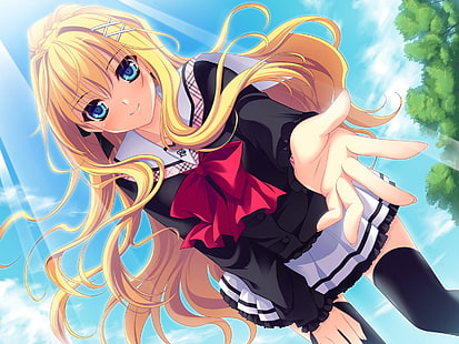аниме девушки, блондинка, длинные волосы, школьная форма, школьница, Aneiro, HD обои HD wallpaper
