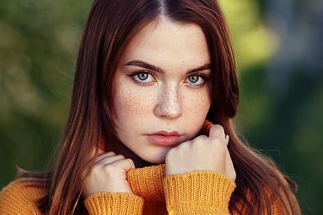  look, girl, face, portrait, hands, freckles, red, redhead, sweater, freckled, Evgeny Bulatov, Ty Tominova, HD wallpaper HD wallpaper