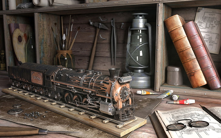 кафява и черна играчка за влак, книги, лампа, влак, инструмент, четка, HD тапет