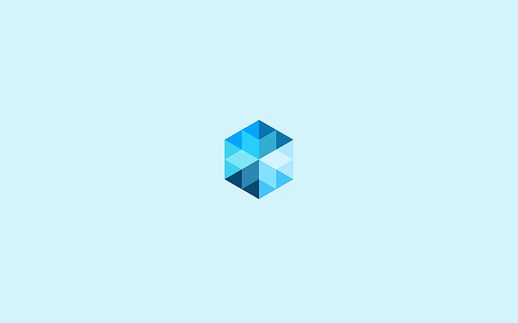 cubo blu grafica, minimalismo, arte digitale, sfondo semplice, astratto, cubo, triangolo, diamanti, geometria, blu, esagono, ciano, sfondo ciano, Sfondo HD