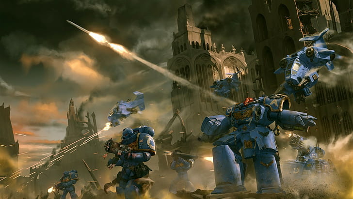 flera robotar och helikoptrar nära katedralens digitala tapeter, Warhammer 40.000, Ultramariner, HD tapet
