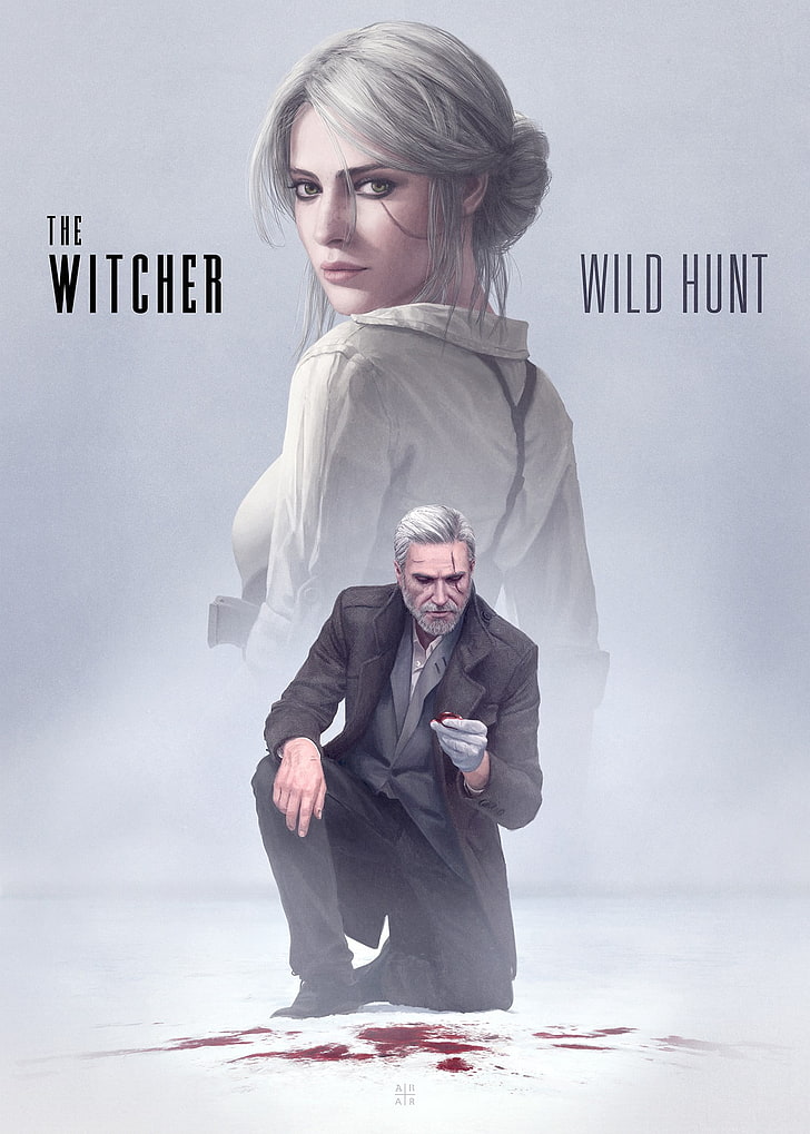 Poster The Witcher Wild Hunt, The Witcher, The Witcher 3: Perburuan Liar, karya seni, seni digital, Geralt of Rivia, poster, noir, Cirilla Fiona Elen Riannon, Wallpaper HD, wallpaper seluler