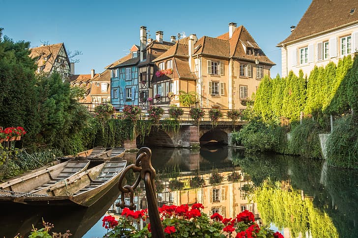 blommor, staden, Frankrike, hem, båtar, kanal, bron, Colmar, HD tapet